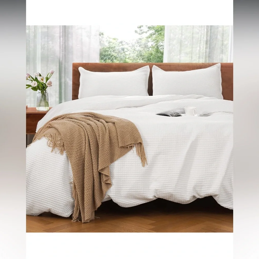 VALUXE Duvet Cover Set Queen Size 100% Cotton,White Waffle Weave Soft